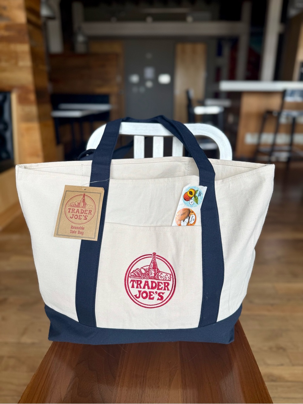 (1) NEW - LARGE Navy Blue Trader Joe’s Canvas Reusable Tote Bag 📬 SHIPS FAST